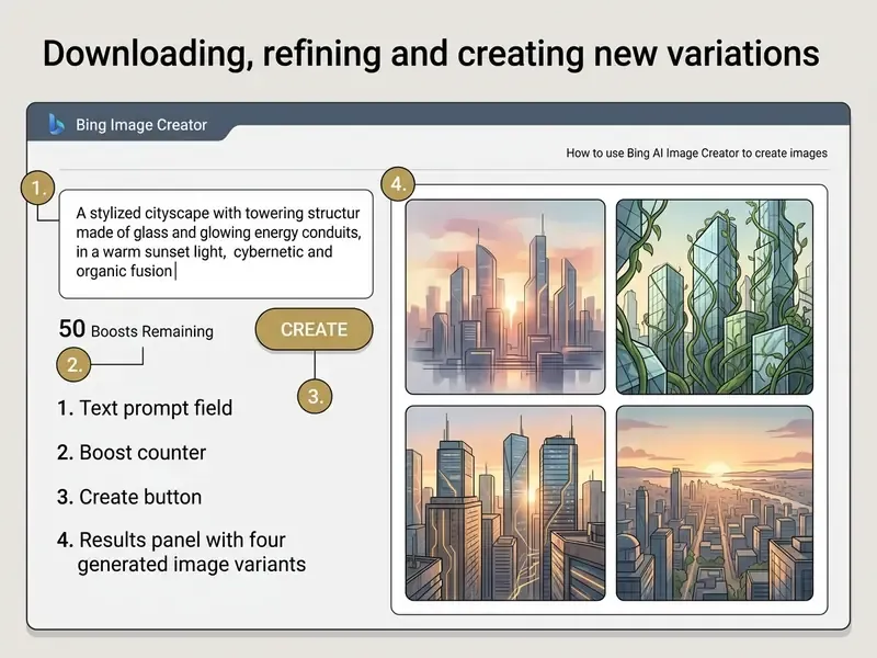 Numbered interface elements highlighting the prompt box, boost counter, create button and image results
