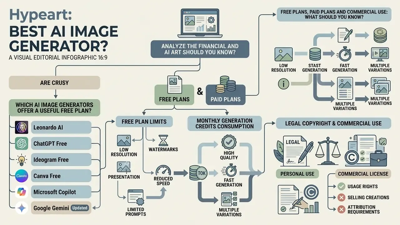 Infographic comparing free and paid AI image generator plans including credit limits and legal rights