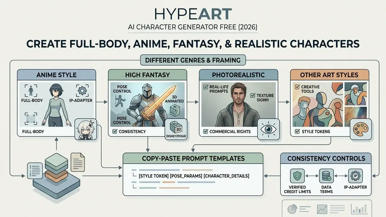 Infographic displaying prompt templates and workflow paths for generating diverse character art styles