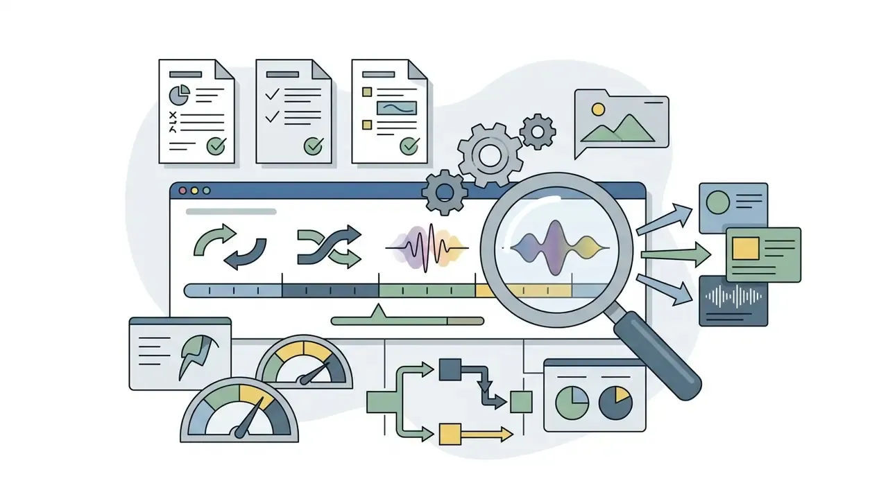 Magnifying glass inspecting audio waveforms on a timeline with gears and data analysis charts