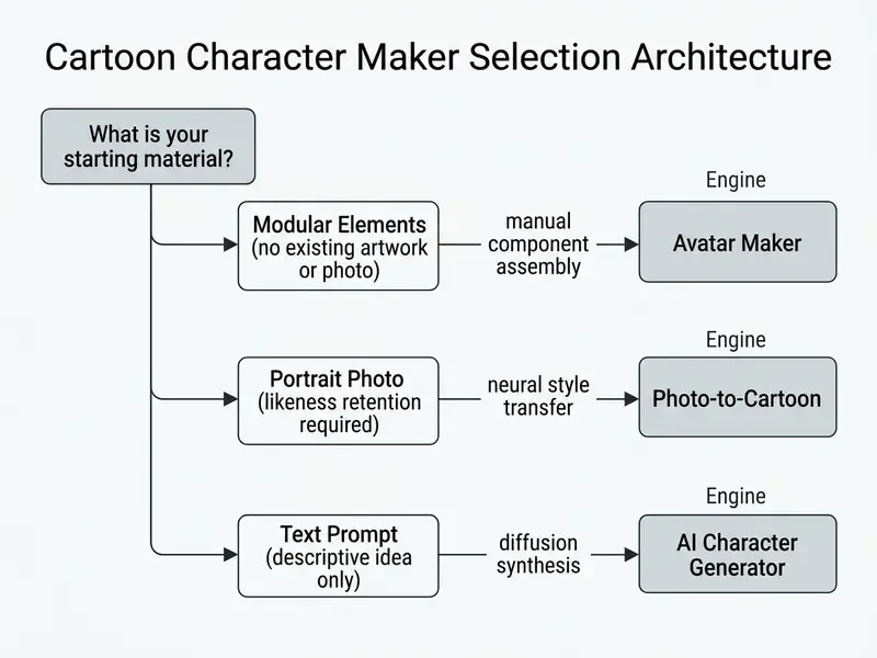 Decision tree mapping input types like photos or text prompts to specific cartoon character maker engines
