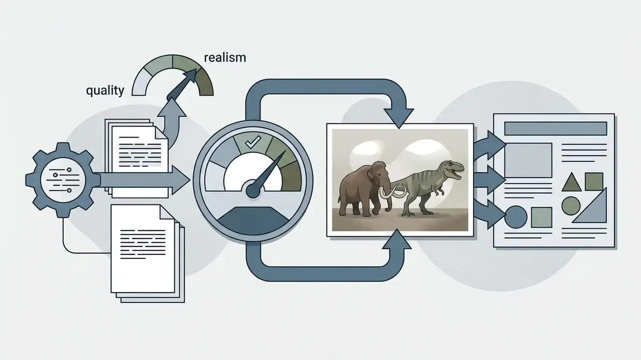 Mammoth and T-Rex illustrations processed through performance gauges into a document layout