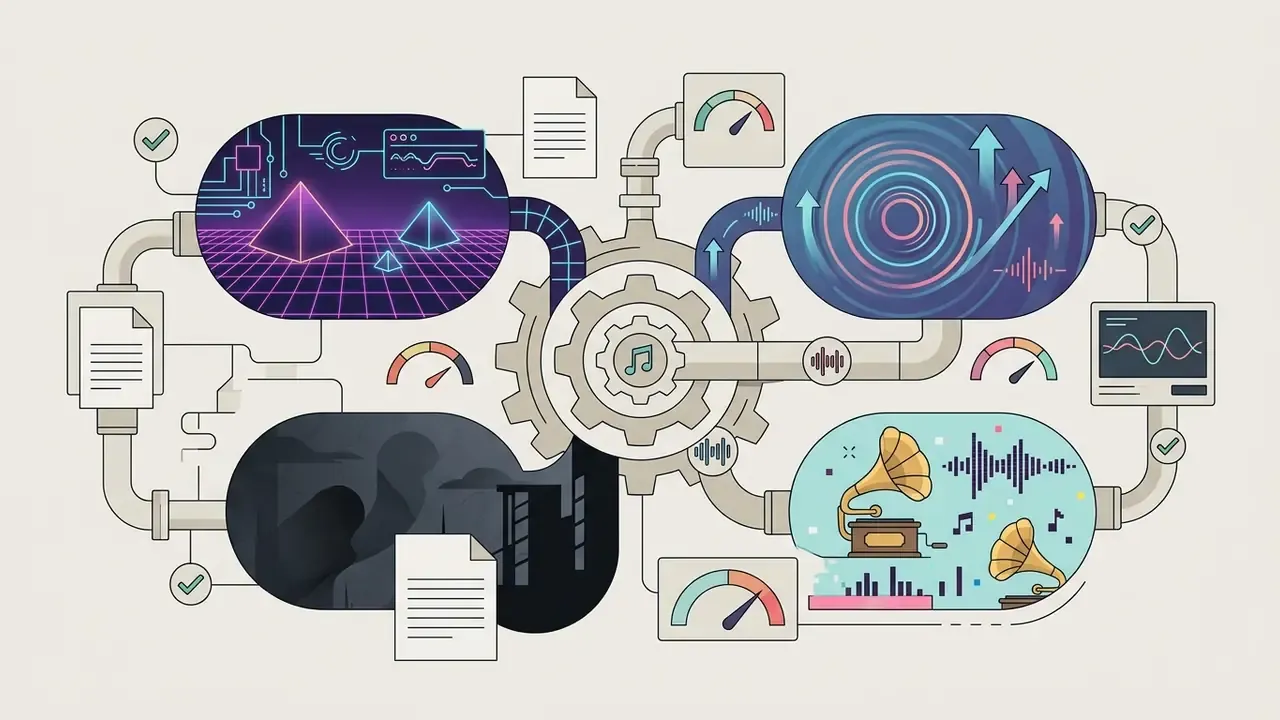 Central gear mechanism connecting diverse musical style panels and data gauges for an AI song creator
