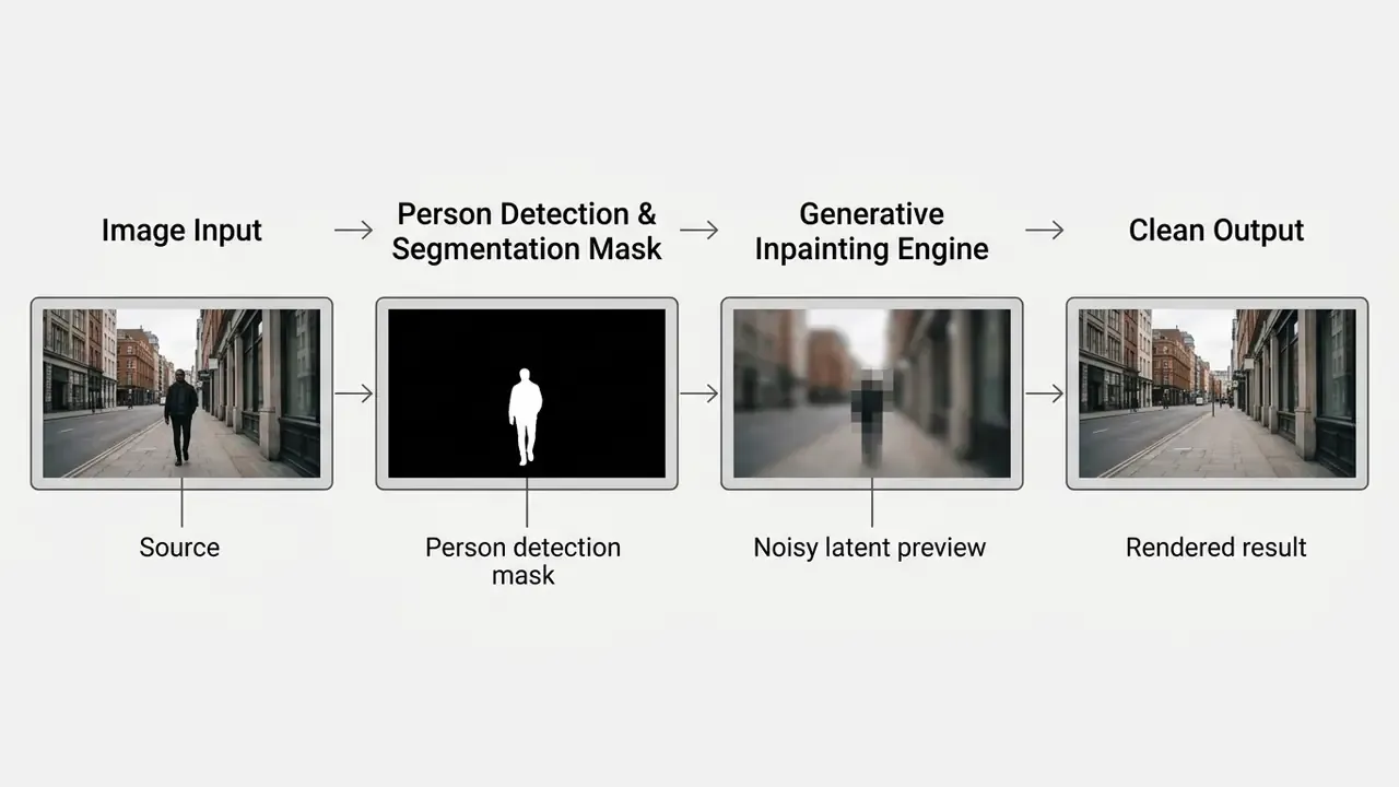 Standard architectural pipeline of an AI people remover showing detection, masking, inpainting and export.