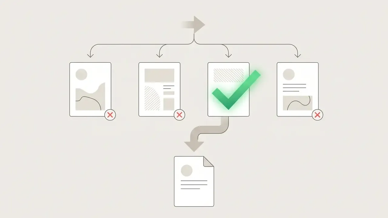 Four document variations with one selected by a green checkmark to proceed to a final output