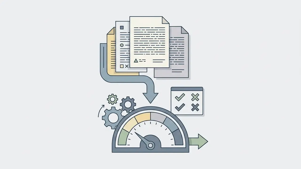 Documents flowing through a mechanical gear system into a gauge that displays a status result