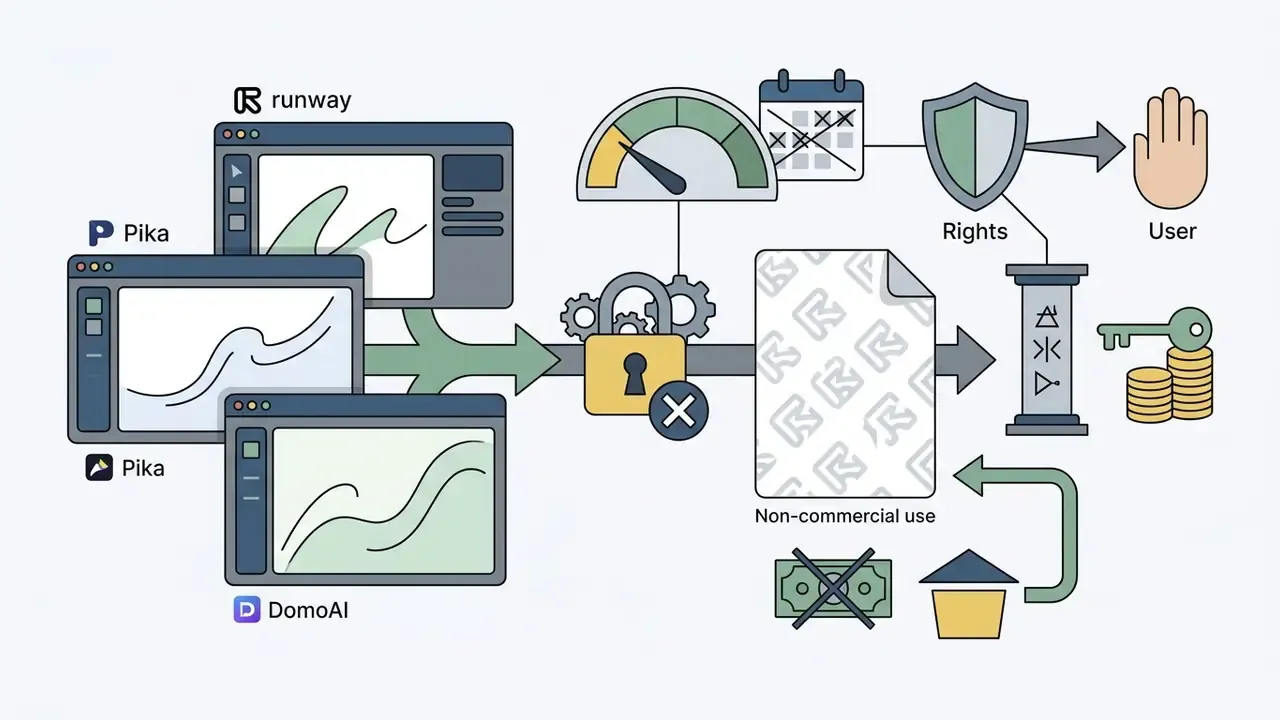 Icons showing AI animation software tools restricted by watermarks and limited non-commercial usage rights