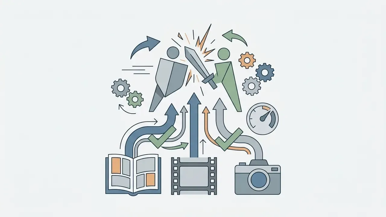Book, film strip, and camera icons feeding arrows into a combat scene of stylized figures with gears