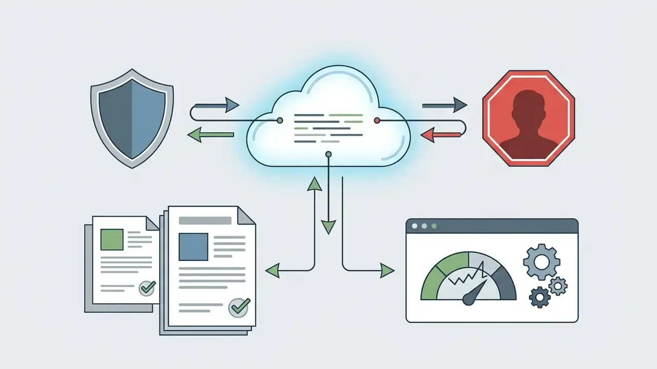 Central cloud icon exchanging data with a security shield, a warning sign, documents, and a gauge