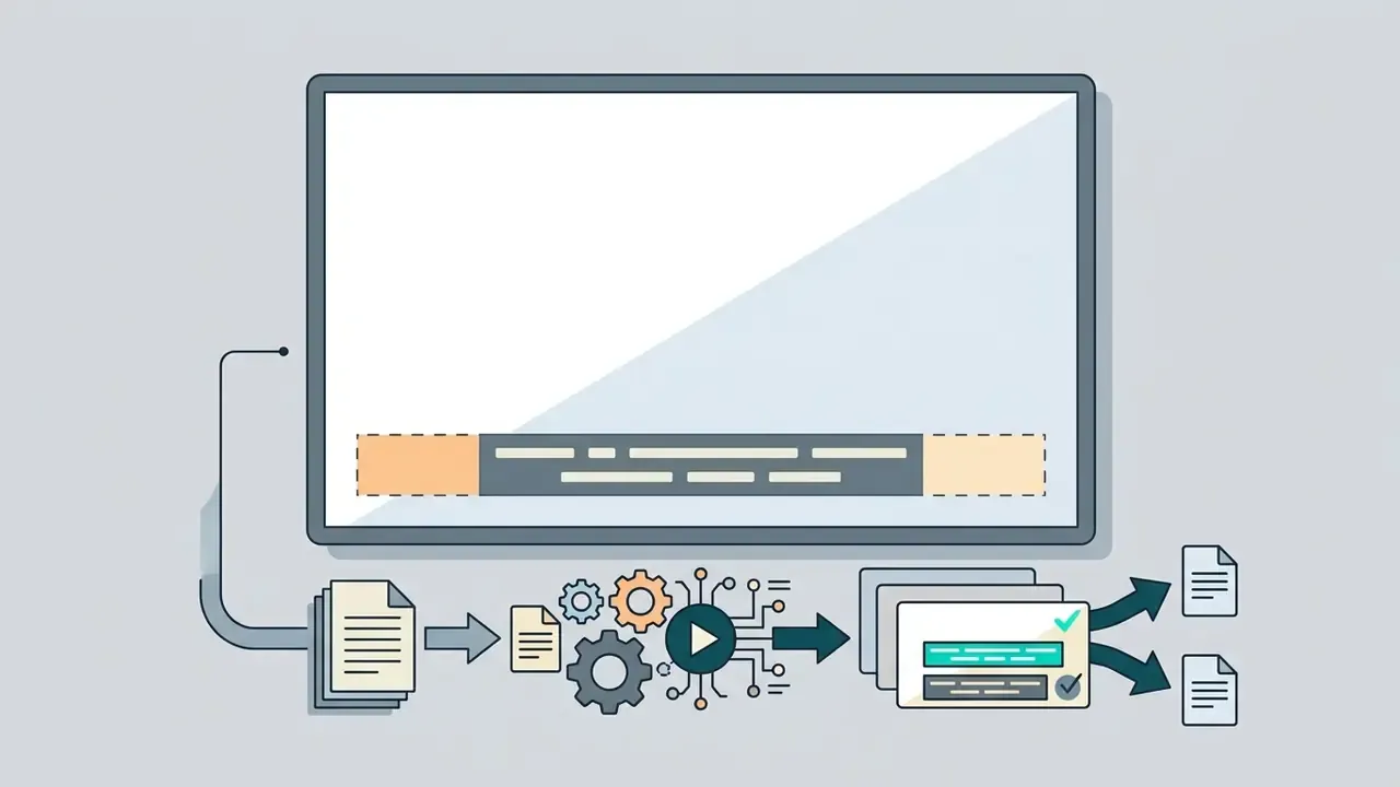 Widescreen display showing a caption safe zone with icons representing automated subtitle file processing