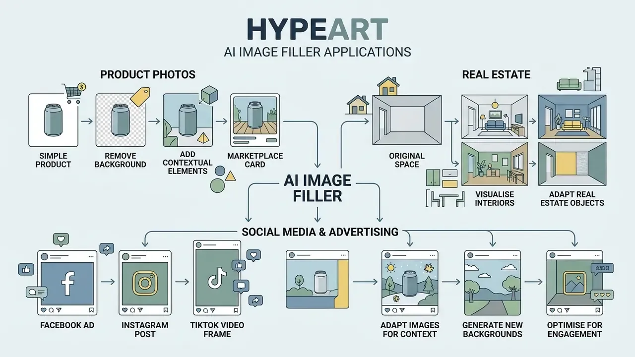 Diagram showing generative workflows for product photography, real estate interiors, and social media ads