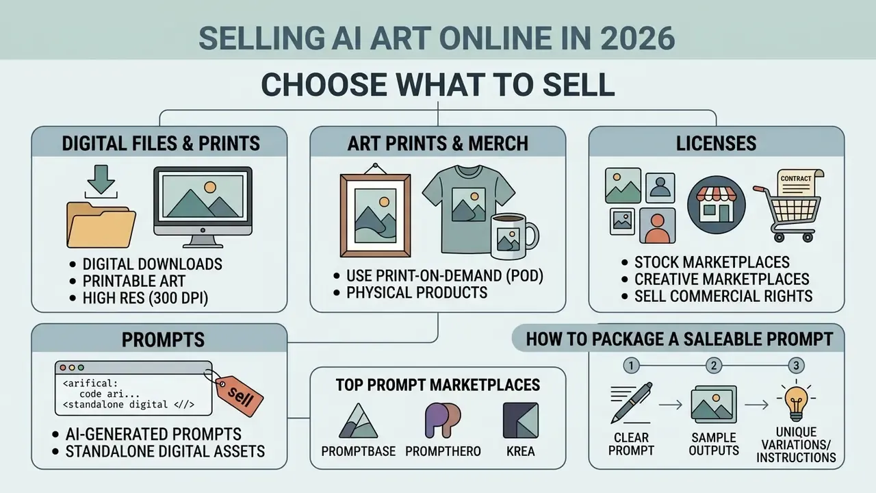Flowchart outlining options to sell AI art including digital files, merchandise, licenses, and prompts