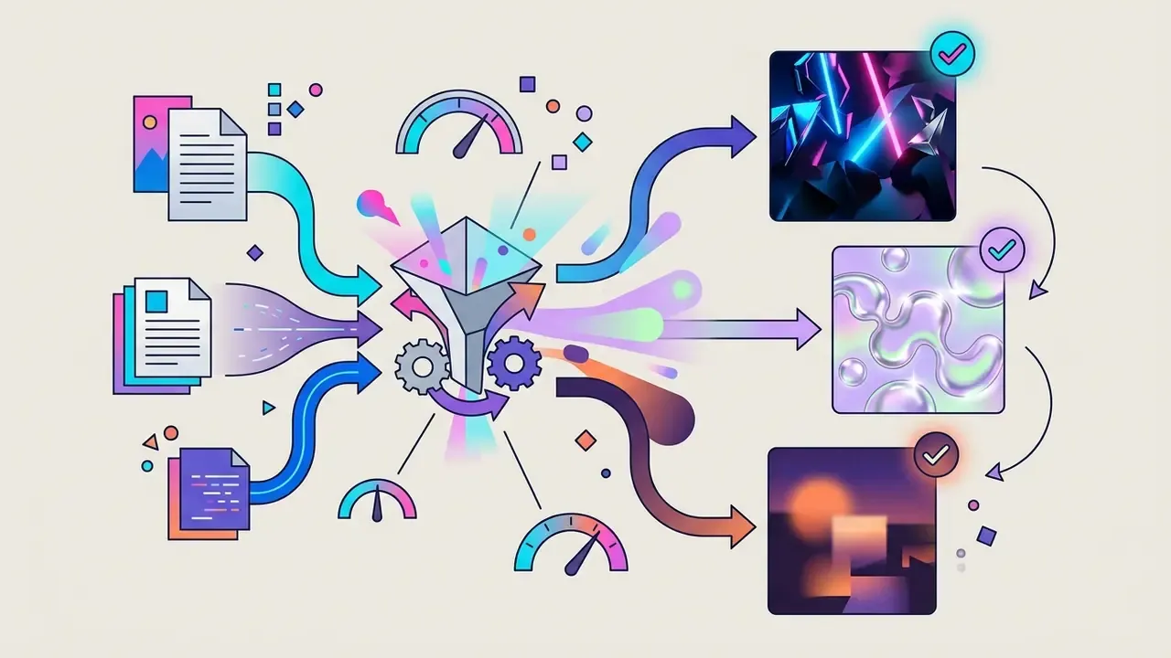 Input files flowing through a central funnel processor into neon, chrome, and dusk aesthetic outputs