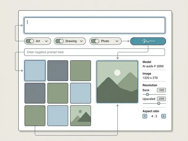 Annotated diagram showing a prompt input box, style presets, and a grid of generated image thumbnails