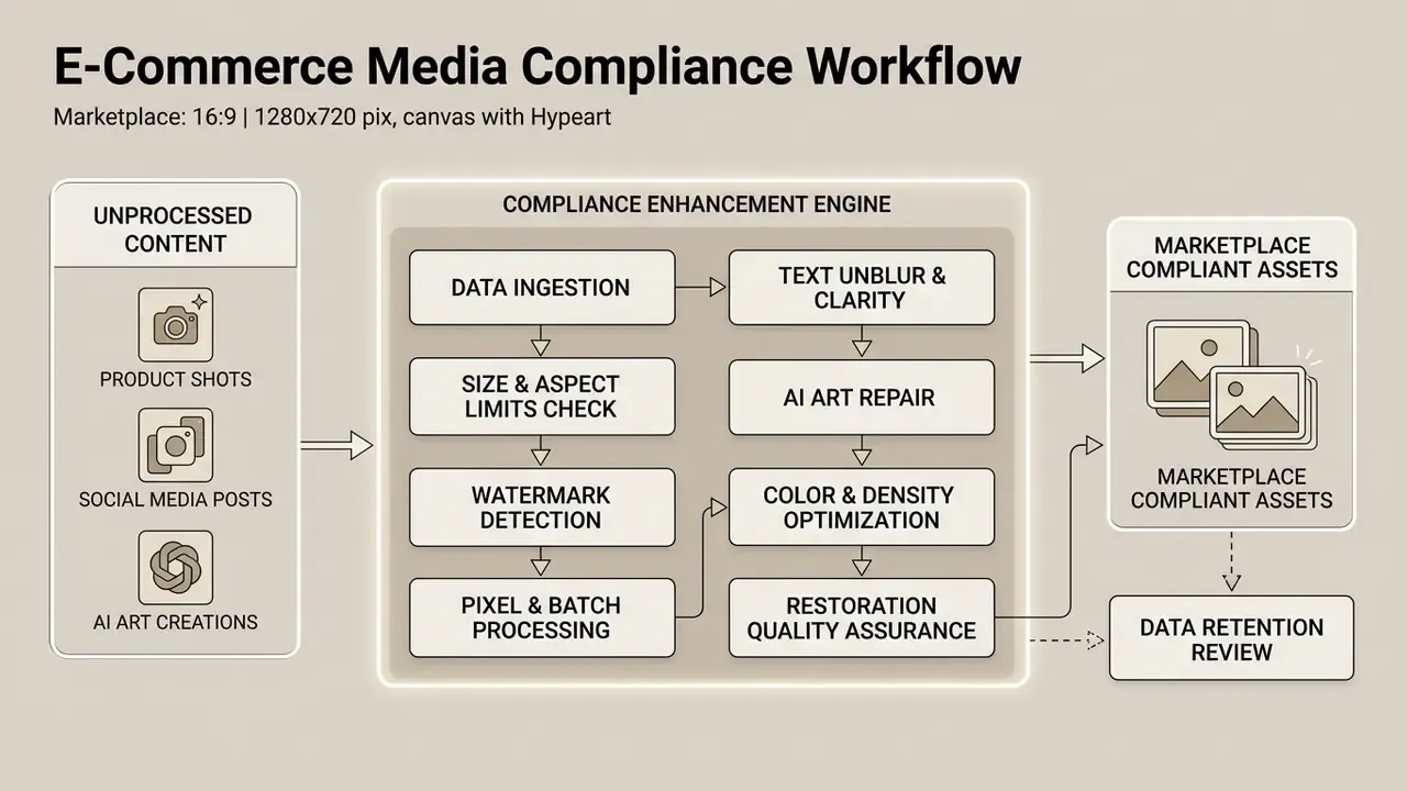 Workflow steps for processing product images into compliant assets using an AI enhancement engine