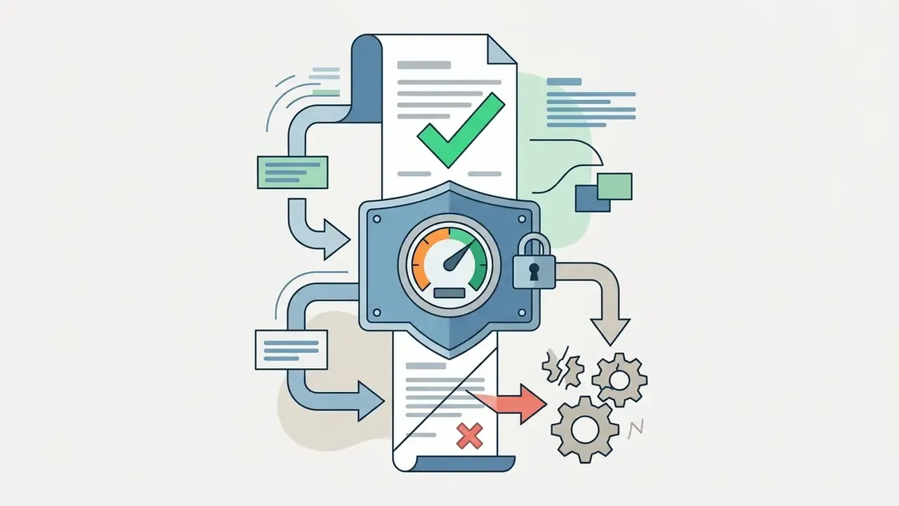 Legal document with a checkmark and a shield containing a gauge and padlock icon directing to gears