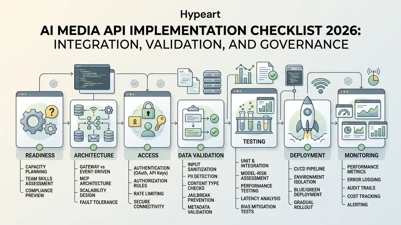 Sequential process diagram showing seven stages of AI media API implementation from readiness to monitoring