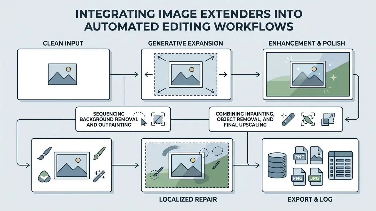 Diagram mapping a digital media pipeline from initial image input through generative steps to export