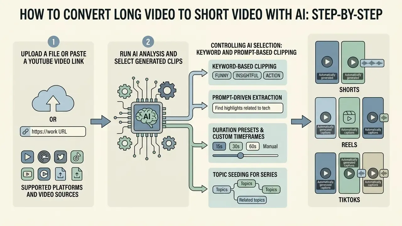 Process flow showing how to convert long video to short video AI clips using upload, analysis, and selection
