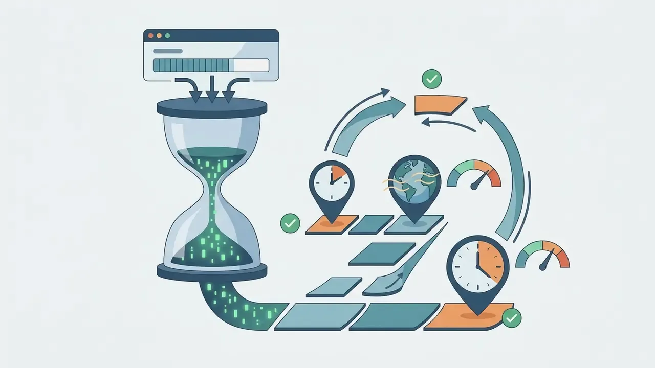 Hourglass filled with digital data flowing into a path marked by time and location indicators