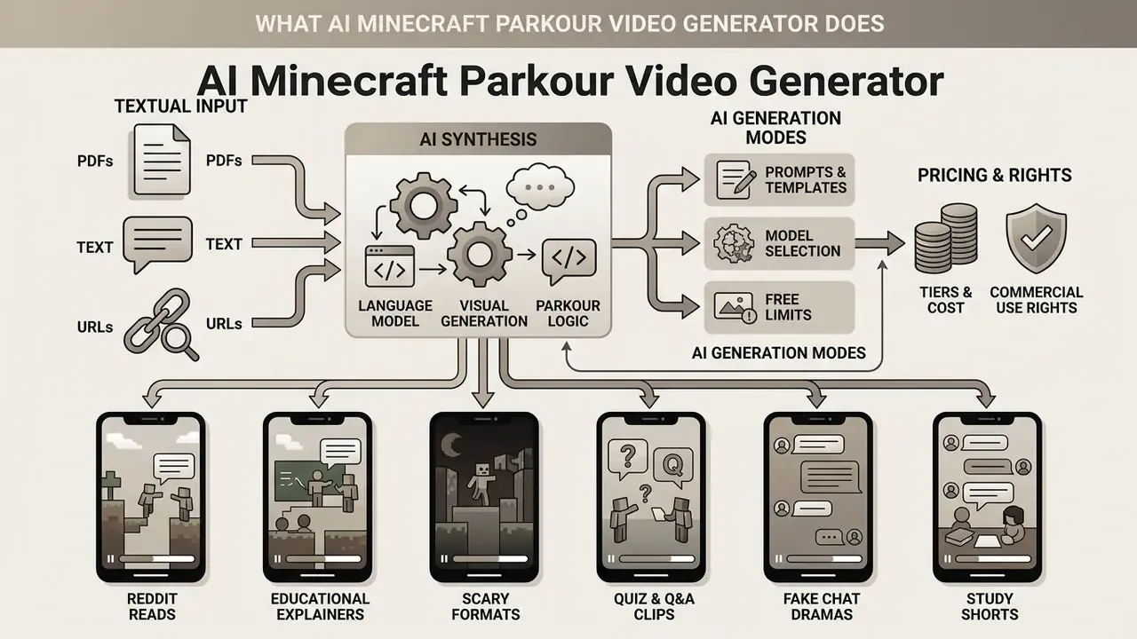Flowchart showing how text inputs are synthesized into various Minecraft parkour video formats