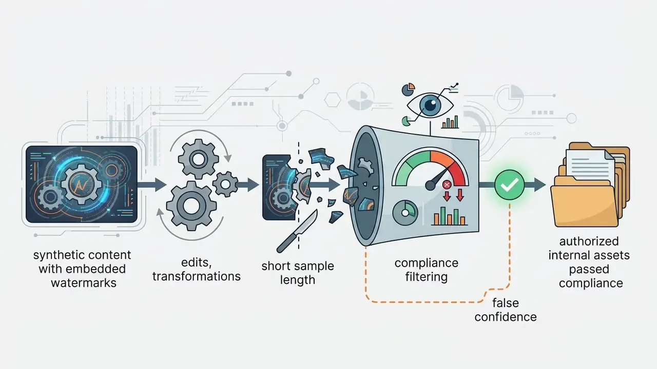 Watermarked content undergoing edits and length reduction before bypassing a compliance filter