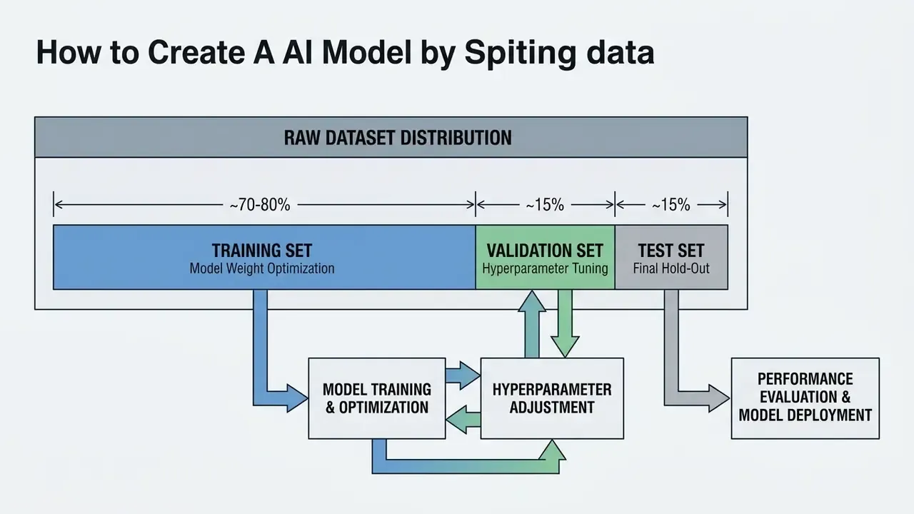 Diagram showing the distribution of a raw dataset into training, validation, and test sets for an AI model