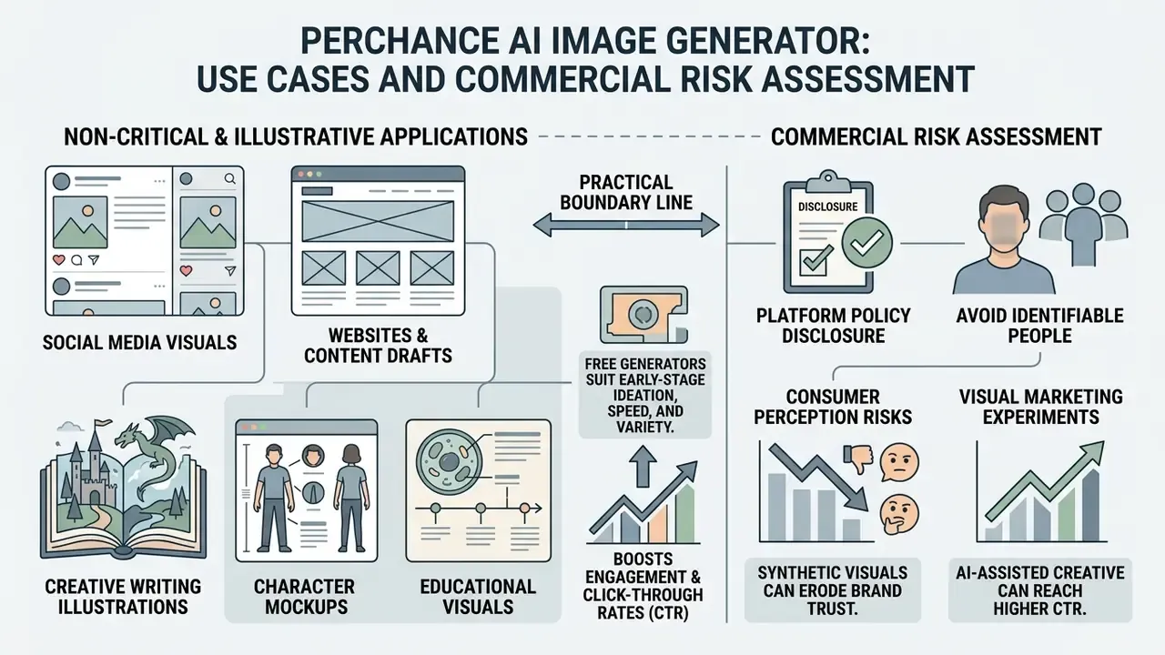 Comparison infographic mapping illustrative use cases against potential commercial risks of synthetic media