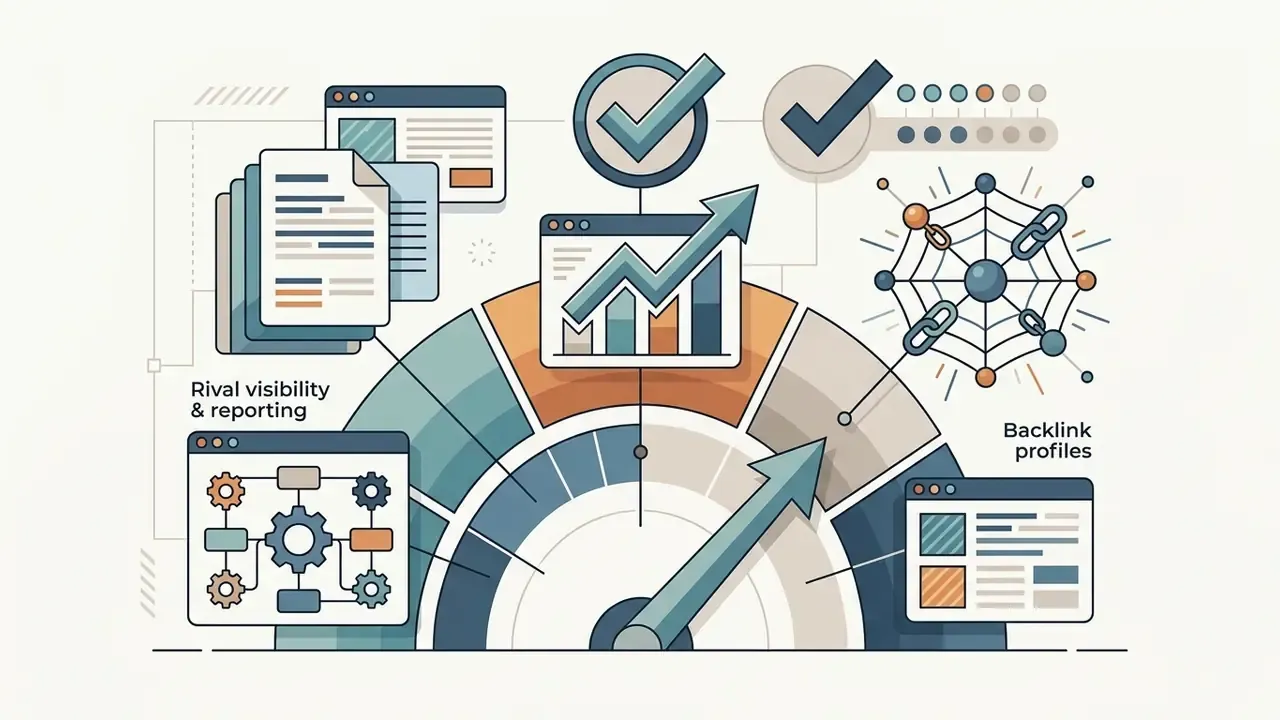 Dashboard elements showing competitor benchmarking, backlink webs, and growth charts on a gauge