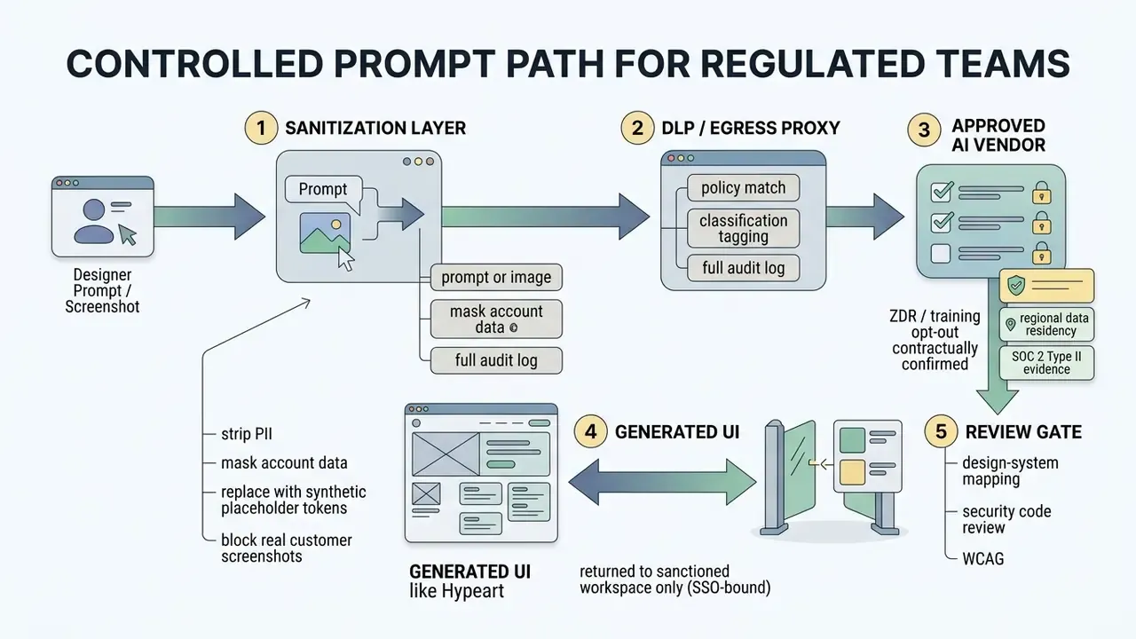 Five sequential steps for securing user prompts and data through sanitization, proxy, and review gates