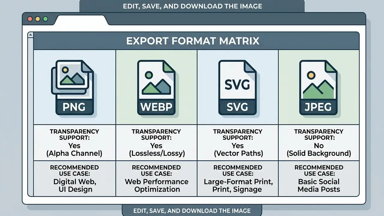 Comparison table detailing transparency support and recommended use cases for PNG, WebP, SVG, and JPEG files