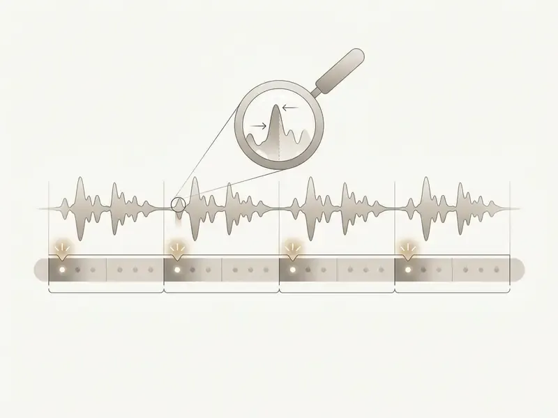 Magnifying glass inspecting the waveform peak of a musical beat to check for proper syllable stress