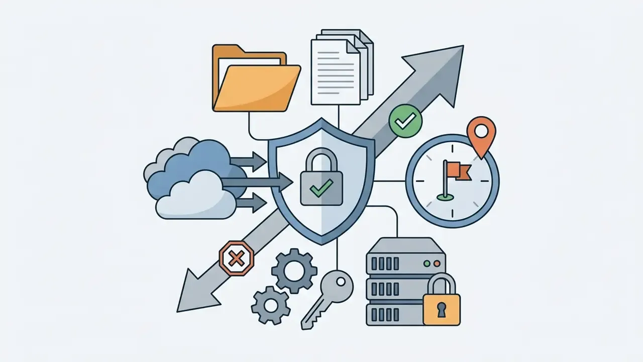 Central shield with a padlock surrounded by cloud storage, documents, server hardware, and location icons