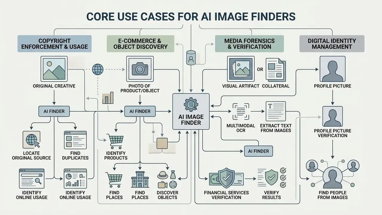 Flowchart mapping operational workflows for copyright, e-commerce, media forensics, and identity management