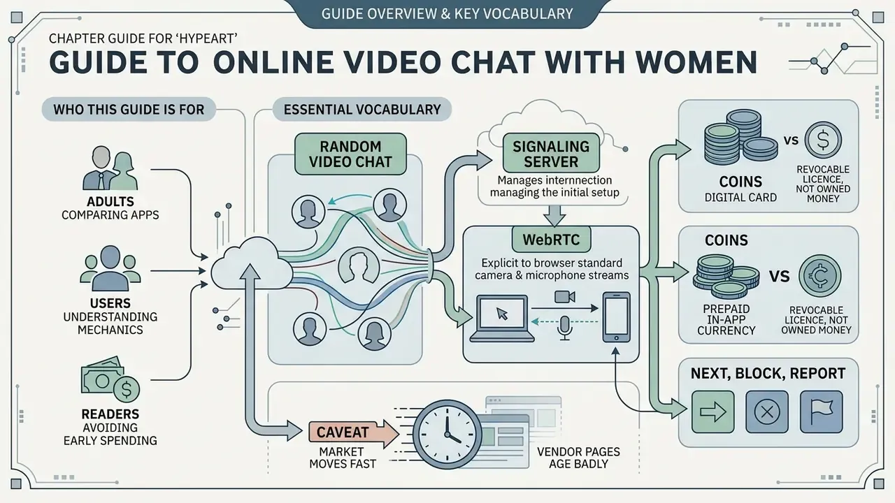 Infographic explaining online video chat with women through technical terms like WebRTC and virtual coins
