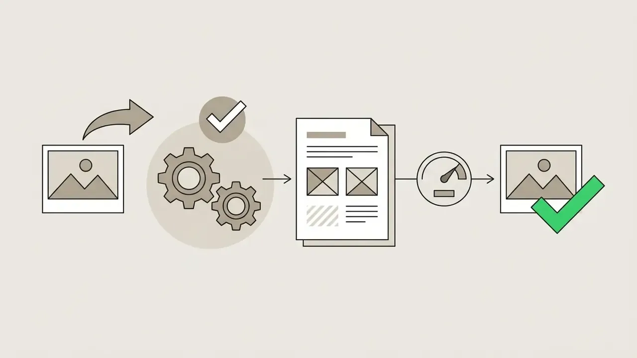 Photo processing sequence showing gears, a document, a gauge, and a final verified image
