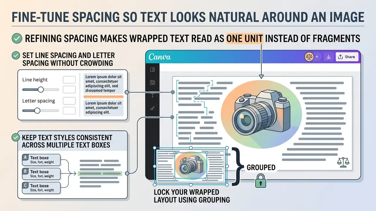 Canva interface showing settings to adjust line height, letter spacing, and grouping for text wrapping