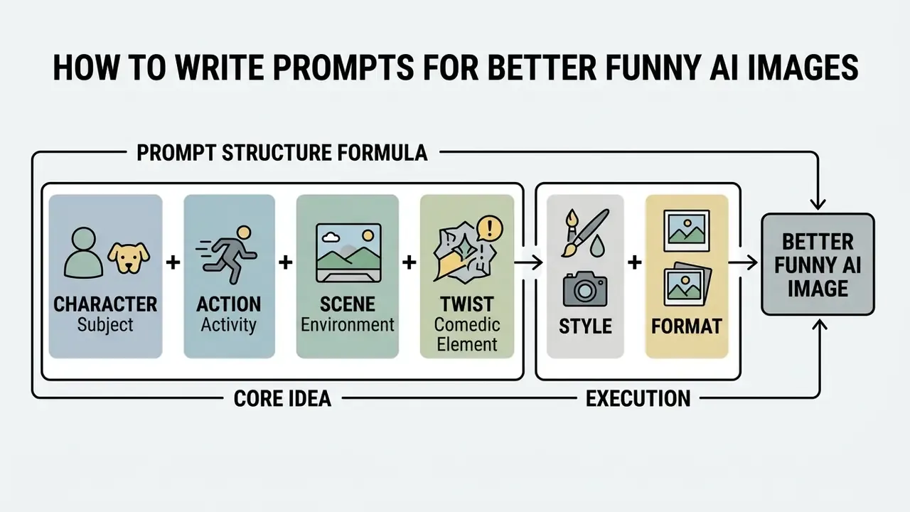 Visual guide showing the components of a prompt formula including character, action, scene, and twist