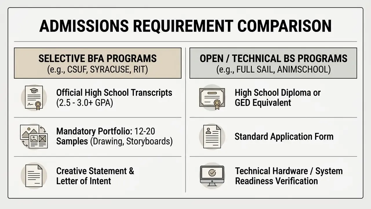 Comparison table contrasting application criteria for selective BFA programs versus technical BS programs
