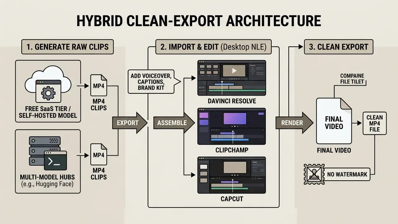 Three-step diagram showing raw video clip generation, desktop NLE editing, and final clean MP4 rendering
