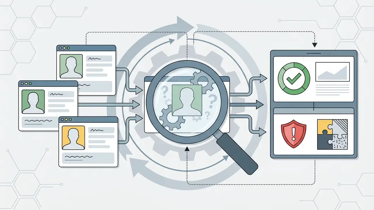 Magnifying glass inspecting digital profiles to identify synthetic content and security risks