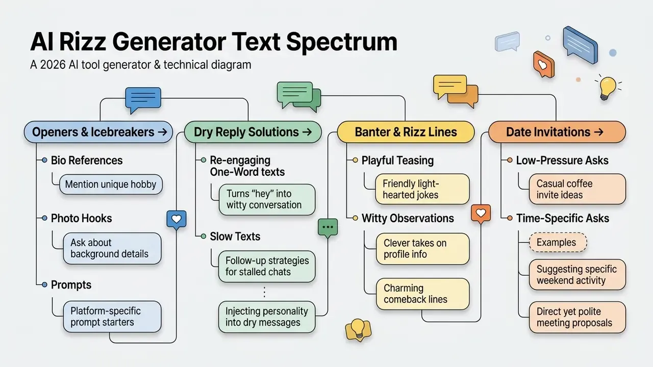 Categorized diagram outlining various text strategies for an AI Rizz Generator to improve conversation