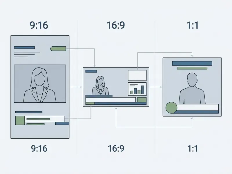 Comparison of vertical, horizontal, and square AI news video layouts with their respective aspect ratios