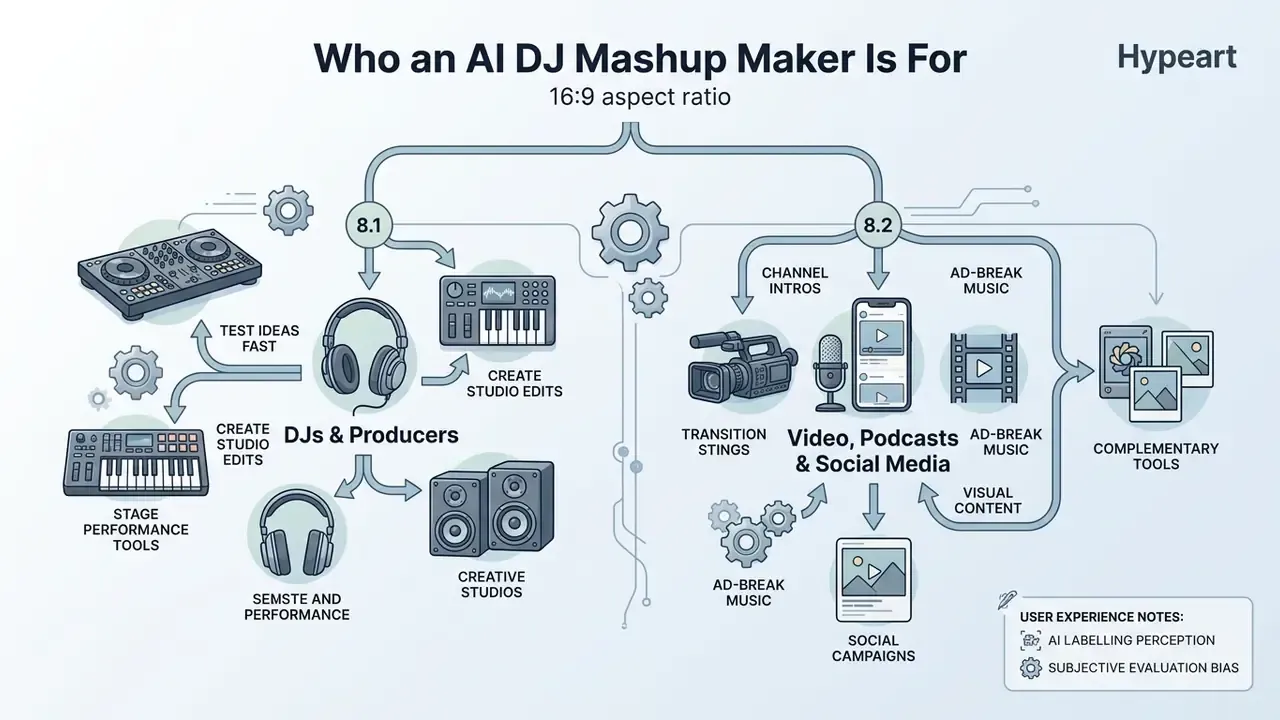 Diagram showing how audio tools serve DJs, producers, and creators of video, podcasts, and social media