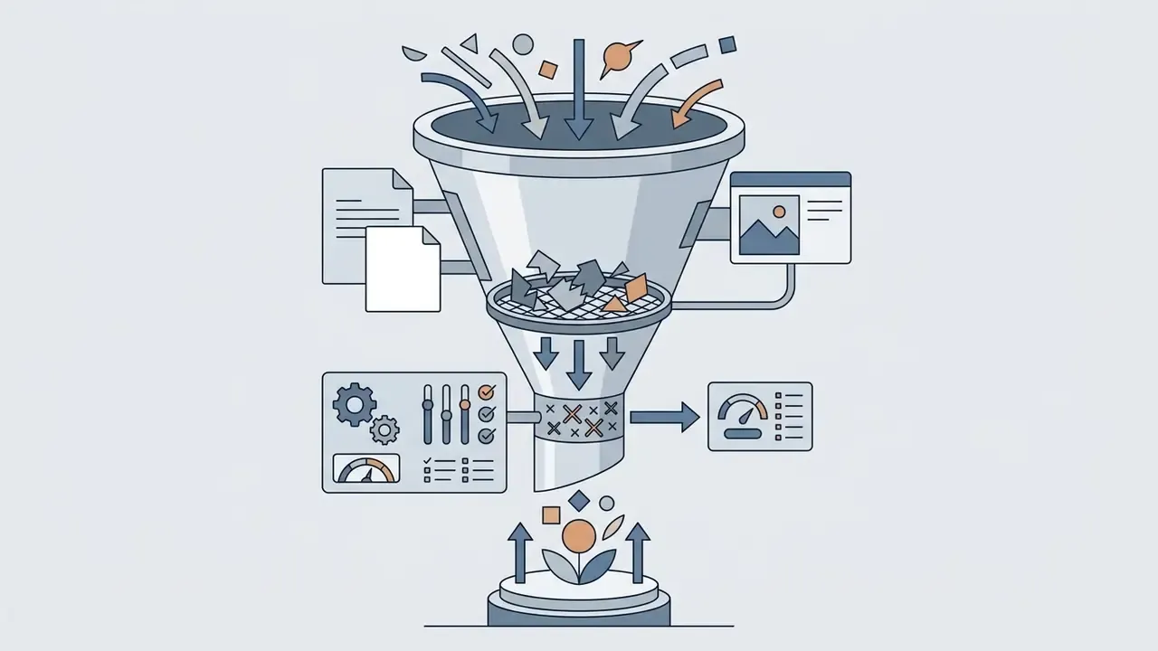 Funnel filtering shapes and icons through settings panels to produce refined output elements