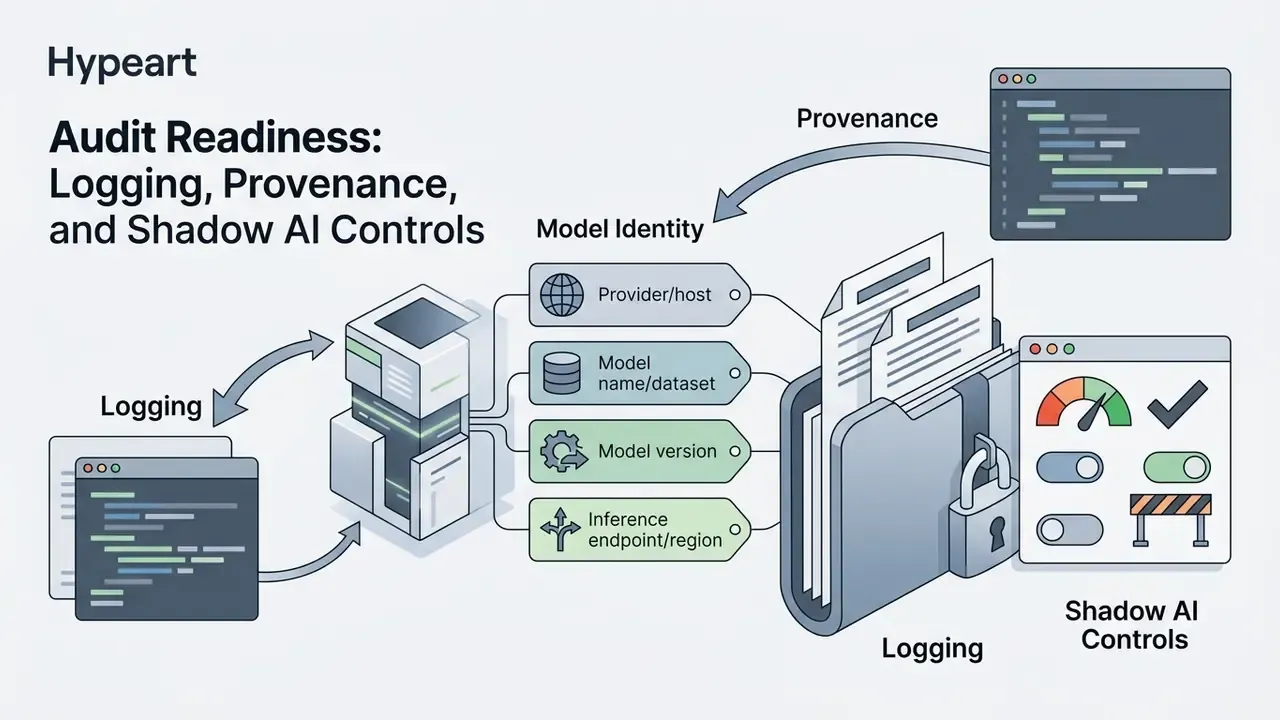 Visual representation of model identity attributes linked to logging and shadow AI control systems