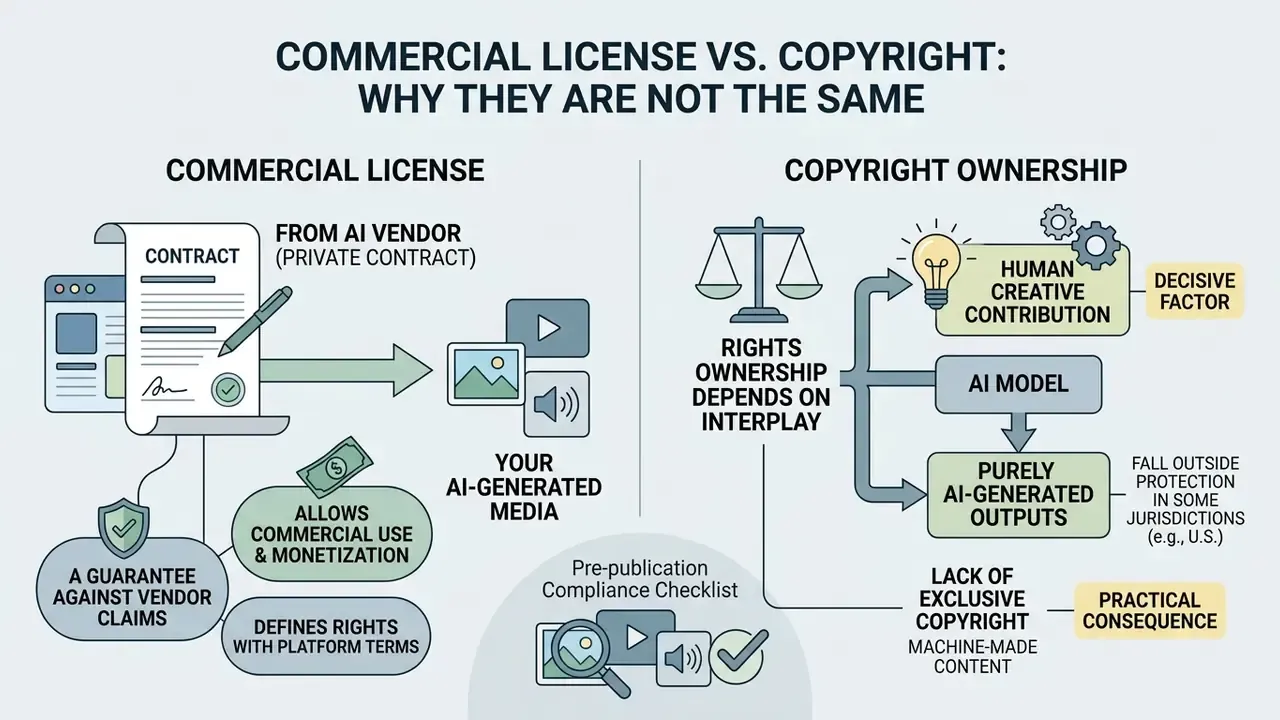 Infographic comparing private commercial license contracts with copyright ownership for AI media