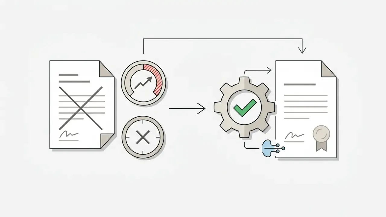 Document with an X being processed by gears and a gauge into a document with a check mark and seal