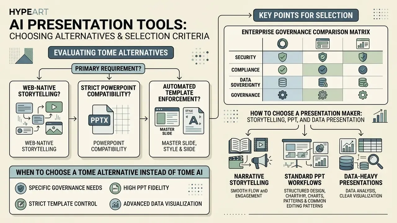 Decision matrix comparing presentation tool requirements alongside an enterprise governance table