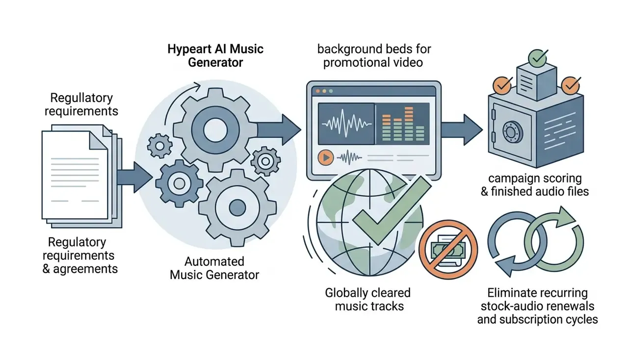 Process flow from regulatory documents through a gear mechanism to generate compliant audio assets